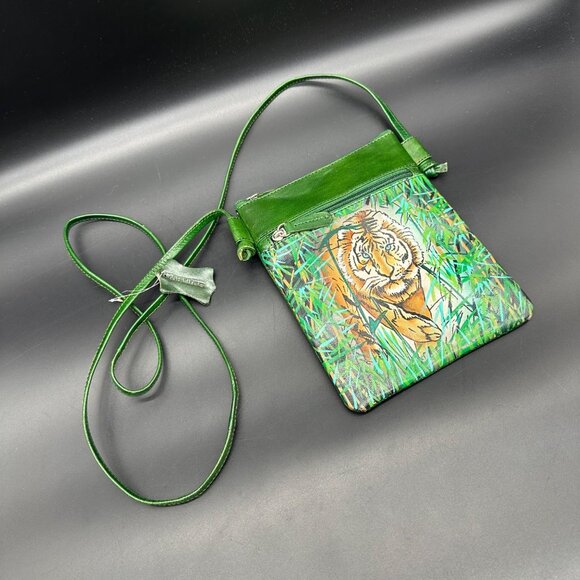 Green Leather Crossbody Bag Tiger Big Cat Jungle Shoulder Purse Hand Painted - Picture 1 of 9